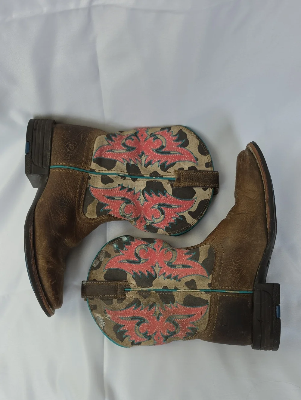 ARIAT Kid's Lonestar Western Cowgirl Pull On Mid-Calf Teal Pink Stitched Boots 1